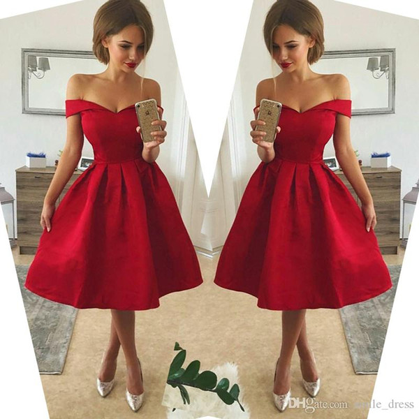 Cheap Tea Length Red Homecoming Dresses Off The Shoulder A Line Satin Short Prom Cocktail Party Dresses SH006