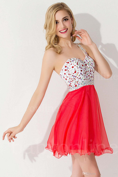 Crysyal Beaded Top Red Homecoming Dresses A Line One Shoulder Sexy Backless Ruffles Mini Short Cocktail Party Gowns CPS093