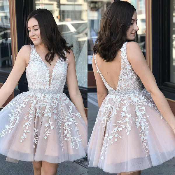 Short Homecoming Dresses New A Line V Neck Applique Lace Crystal Beaded Sash Cocktail Dress Mini Prom Gowns BM0987