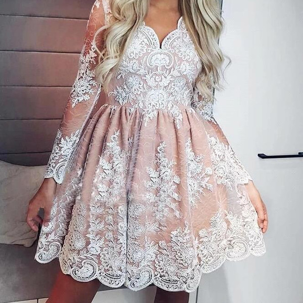 Arabic Lace Appliqued Long Sleeves V Neck Mini A Line Homecoming Dresses Sweet Special Occasion Dresses With Zipper Back