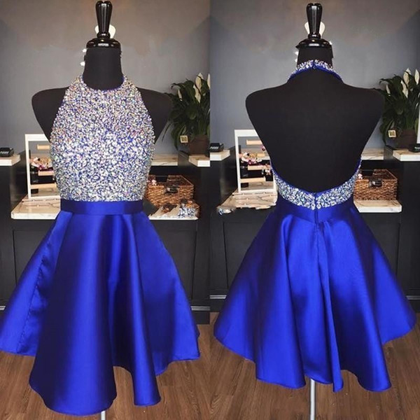 Royal Blue Sparkly Homecoming Dresses A Line Hater Backless Beading Short Party Dresses for Prom abiti da ballo Custom Made BM0949