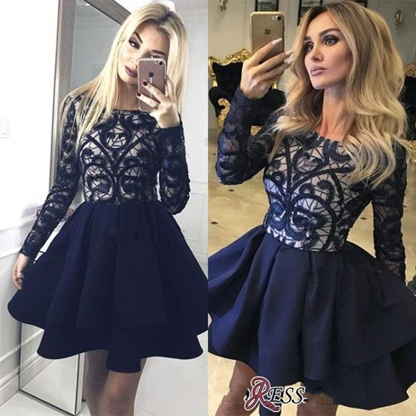 Long Sleeves Lace Homecoming Dresses Bateau A Line Satin Sheer Plus Size Cocktail Dress Backless Short Graduaion Gowns BC2600