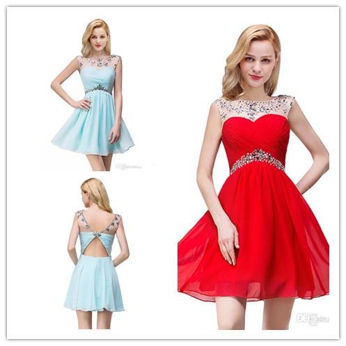 2019 In Stock Beaded Royal Blue Short Mini Homecoming Prom Party Dresses Chiffon Junior Graduation Sheer Neck Pleated Cocktail Dress CPS094