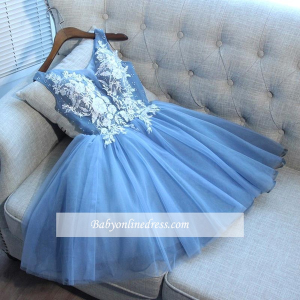 Sky Blue Lace Appliqued Short Homecoming Dresses Cheap A-line V Neck Cocktail Party Gown Custom Made Prom Evenng Bridesmaid Dresses