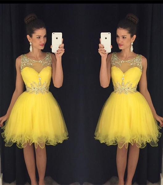 Yellow New Homecoming Dresses Sheer Crew Neck Beaded Crystals Tulle Short Mini Prom Gowns vestido formatura curto Cocktail Dresses