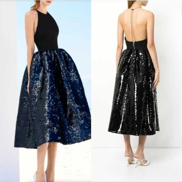 Reflective Sequined Halter Tea Length A Line Homecoming Dresses With Sexy Open Back Special Occasion Dresses With Zipper