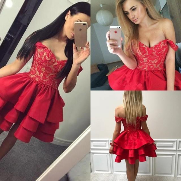 Ruffles Tiered Red Short Homecoming Dresses Modest A Line Off Shoulders Appliqued Mini Cocktail Gowns Short Party Dress