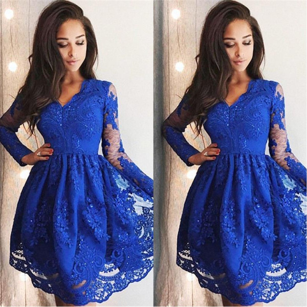 Fall Royal Blue Homecoming Dress Long Sleeves V Neck Full Lace Long Sleeve Short Cocktail Party Dress Mini Cheap Evening Gowns BC2380