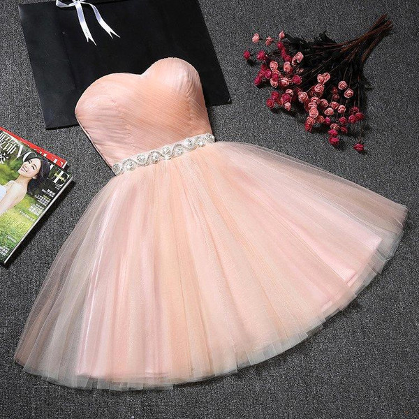 Pearl Pink Mini Sweetheart Tulle Homecoming Dresses With Ribbon Back Lace up Back Sleeveless Crystal Beaded Party Dresses With Bow