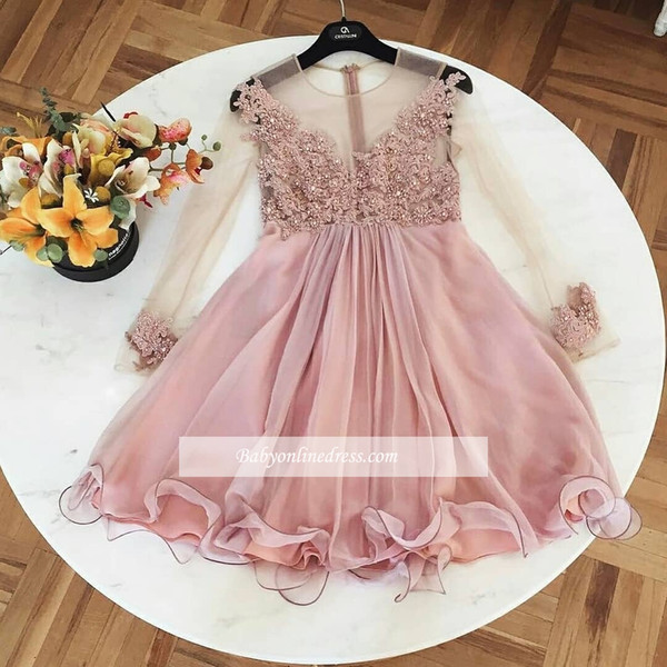 Pink Lace Appliqued Short Homecoming Dresses Cheap A-line Long Sleeves Cocktail Party Gown Custom Made Prom Evenng Bridesmaid Dresses