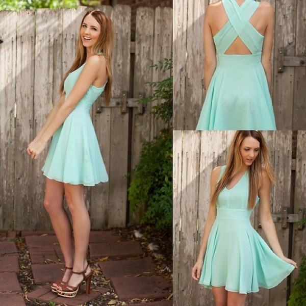 Charming Chiffon V Neck Mint Green Homecoming Dresses Short Prom Dresses Cross Back Cheap Party Gowns Cheap