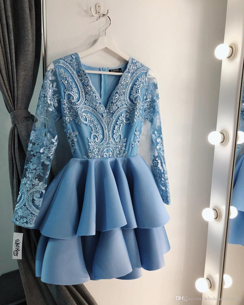 Baby Blue V Neck Lace A Line Homecoming Dresses Long Sleeves Applique Tiered Layers Short Party Cocktail Prom Dresses