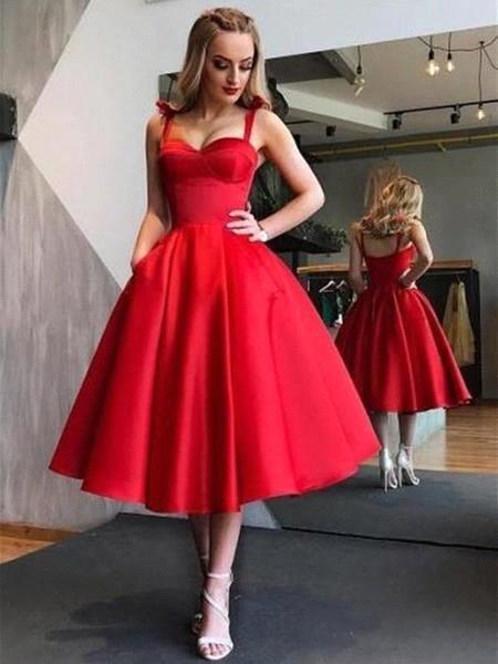 Red Pretty A Line Homecoming Dresses Sweetheart Neck Tea Length Girls party Gown Special Occasion Dress BC1945