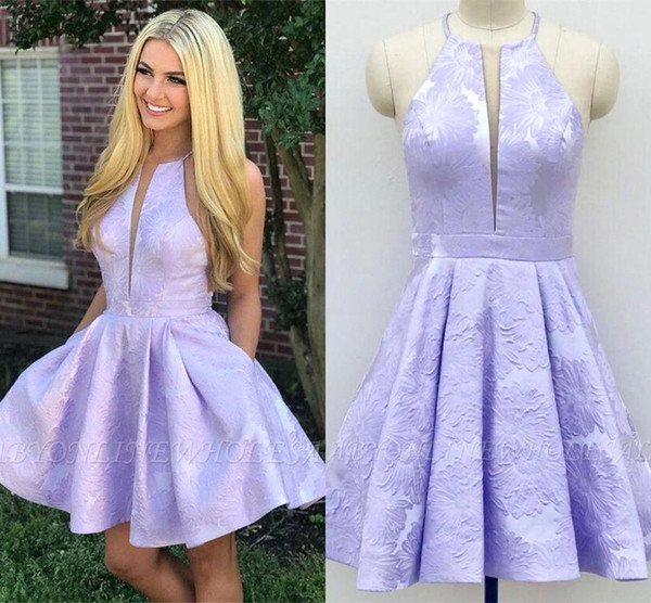 Lovely Lilac Lavender Homecoming Dresses Real Image A Line Halter Neck Lace Appliques Knee Length Cocktail Party Gowns Short BC2912