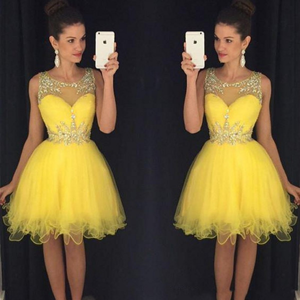 Bling Yellow Homecoming Dresses Sheer Crew Neck Beaded Crystals Tulle Short Mini Prom Gowns vestido formatura curto Cocktail Dresses