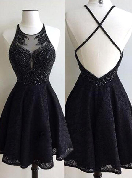 Black Sexy Lace Applique Short Homecoming Dresses Sexy Back Backless Criss Cross Evening Dresses Cusyom Made Beautiful Classic