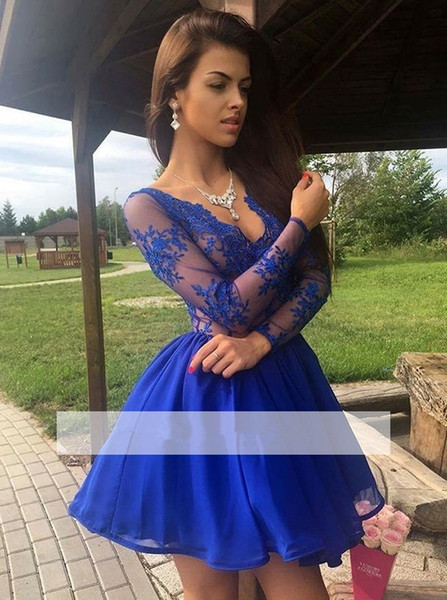 Royal Blue Modern Homecoming Dresses A-line V-neck Long Sleeves Tulle Lace Party Plus Size Cocktail Dresses