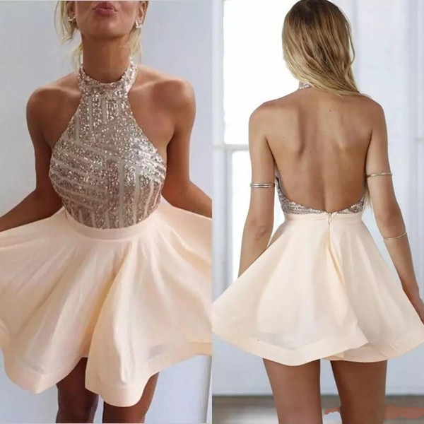 New Sexy Homecoming Cocktail Dresses Halter Neck Blingbling Sequins Bodice Backless Chiffon A-line Mini Prom Gowns