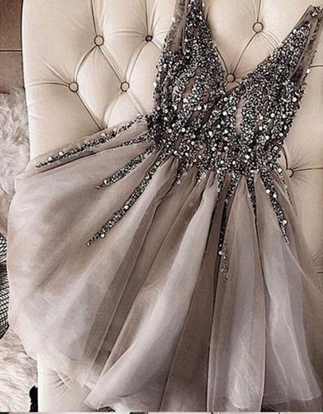 V-neck Beading Sequins Cheap Homecoming Dresses Short Sexy Silver Grey Sweet 16 Graduation Party Gowns Custom Made BA9977