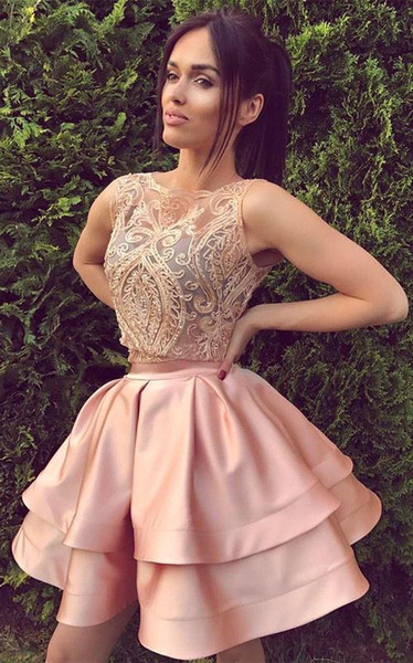 Blush Pink Sexy Two Piece Short Homecoming Dresses A Line Sleeveless Backless Mini Cocktail Dress Prom Party Gowns Custom Lace