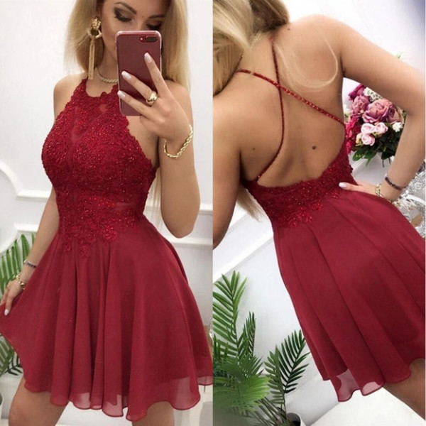 2019 Fall Burgundy Homecoming Dress Lace Beaded Straps Short Prom Dress Halter Neck Chiffon Skirt Backless Sexy Mini Cocktail Dresses