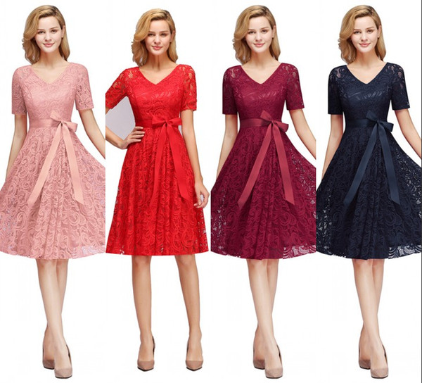 Simple Designed Lace Homecoming Dresses A Line V Neck Satin Belt Mini Short Cocktail Gowns Cheap In Stock cps1146