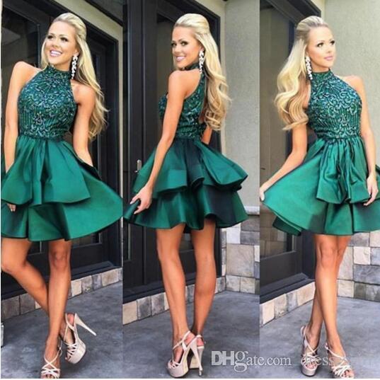 Hunter Green Halter Neck Homecoming Dresses Navy Beaded Crystals Elegant Satin Custom Made Sexy Cocktail Evening Prom Party Dresses