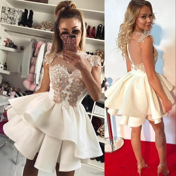 Tiered A-Line Short Homecoming Dresses Appliques Sexy Sheer Back Mini Party Dress Cocktail Dress Club Wear Cheap Mini Evening Gown