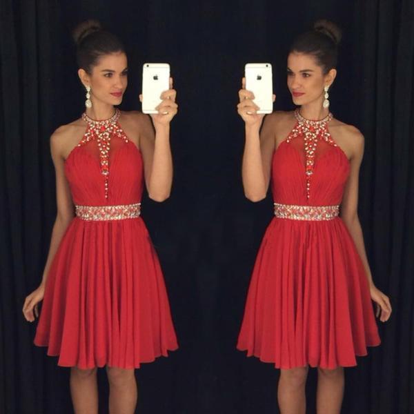 Red Sweet 16 Homecoming Dresses Halter Neck Vestido Formatura Curto Beaded Crystals Rhinestones Ruched Backless Short Prom Dresses