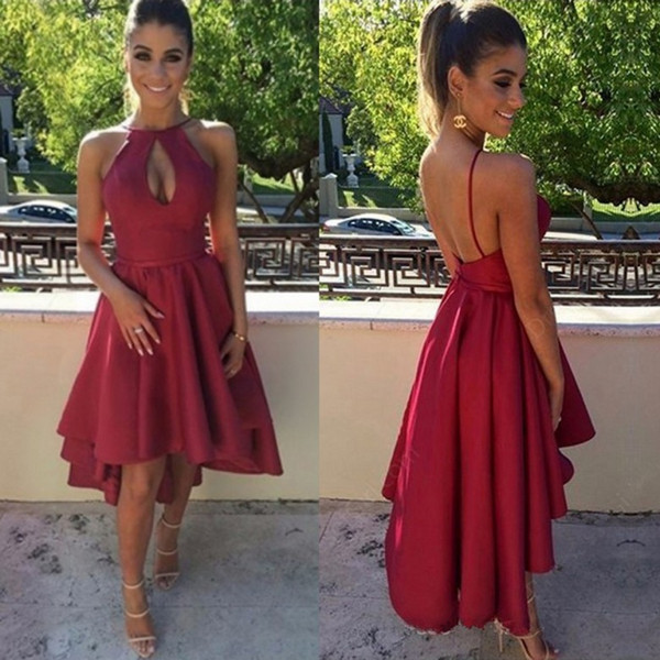 Modest Red Homecoming Dresses Sexy Sleeveless Keyhole Short Backless High Low Chiffon Prom Dresses Cocktail Gowns