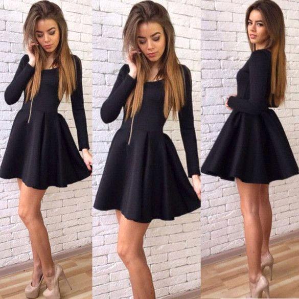 Modest Black Short Homecoming Dresses Vintage Long Sleeves Crew Neck Cocktail Prom Gowns Junior Graduation Dress Mother Dress BC0145