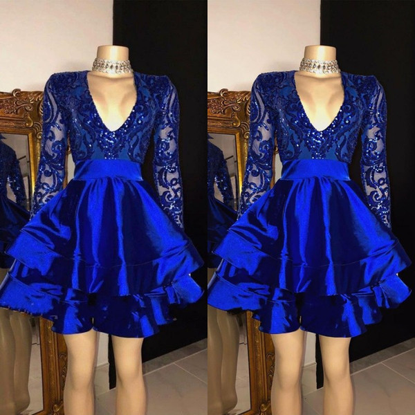 Shiny Royal Blue Long Sleeves Sequin Homecoming Dresses Cheap Short Prom Dress Knee Length Special Occasion Party Gowns BC3995