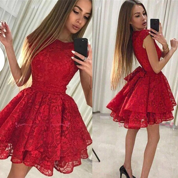 Jewel Neck Little Red Sexy Homecoming Dresses New Full Lace Short Cocktail Formal Party Dress Vintage Short Prom Dress BA9963