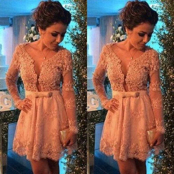 New Lace Applique Long Sleeves Homecoming Dresses Beaded Deep V neck Bow Sash Sexy Cocktail Dress A-line Prom Party Gowns