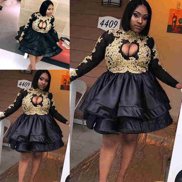 Vintage African Girls Black Homecoming Dresses High Neck Keyhole With Gold Appliques A Line Ruffles Mini Short Party Gowns Cocktail Prom