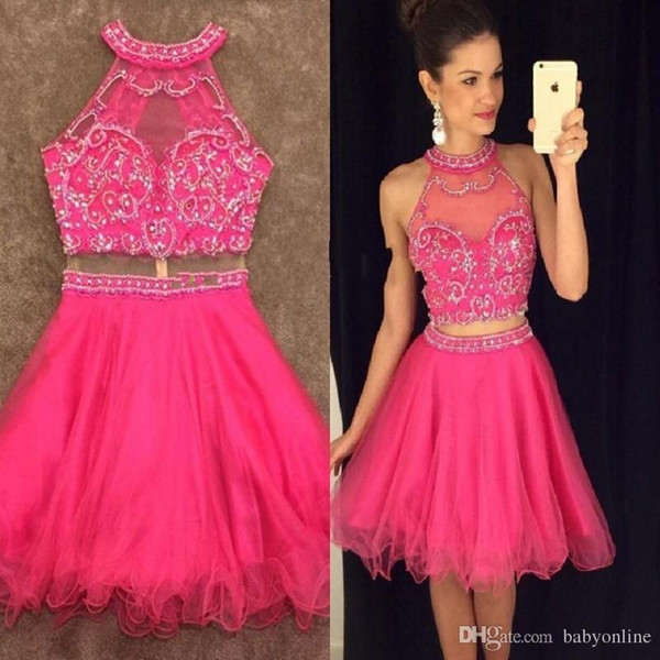 Two Pieces Homecoming Dresses Beaded Halter Neck Appliques Sequins Short Prom Dresses Cheap Summer Backless Graduation Dresses