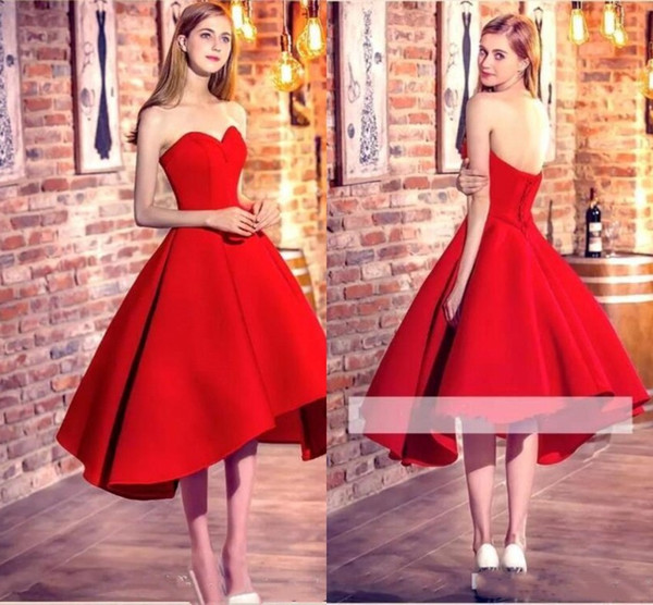 Red High Low Homecoming Dresses Sweetheart Satin A Line Short Prom Dresses Corset Back Formal Party Wear Cheap Cocktail Dresses BC1446