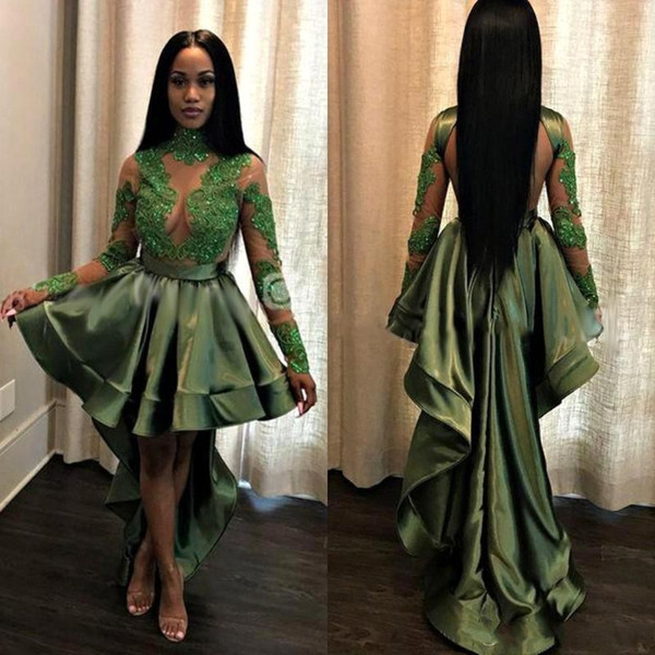 African Olive Green Black Girls High Low Homecoming Dresses Sexy See Through Appliques Sequins Sheer Long Sleeves Evening Gowns BA8443