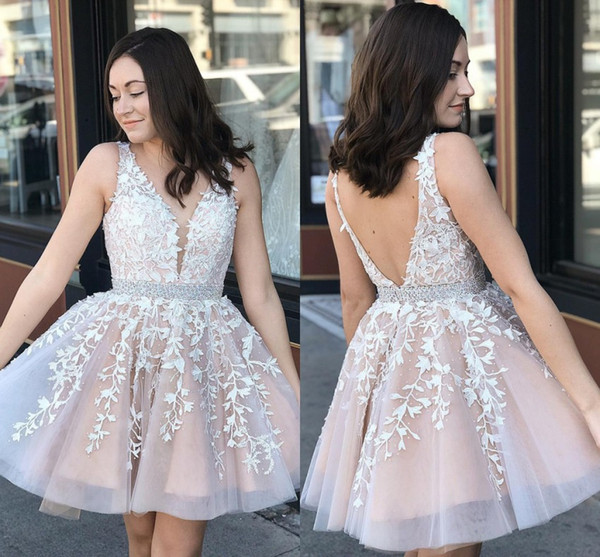 Hot Sell Blush Pink Mini Short Homecoming Dresses A Line V Neck Appliques Tulle Knee Length Cocktail Prom Gowns Cheap BM0987