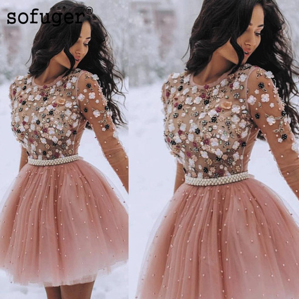 New Short Homecoming Dresses Pearls Beaded Handmade Flower Long Sleeves Prom Dress Plus Size Cocktail Gowns