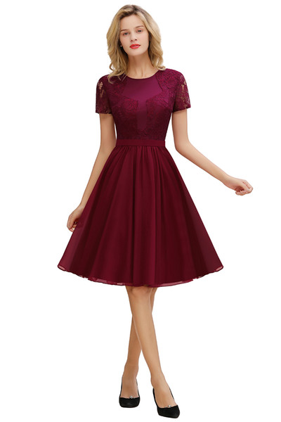 Cheap 2022Elegant Short Sleeve Burgundy Lace Homecoming Dresses with Belt Sweet Chiffon Short Graduation Dresses Vestido Curto cps1324