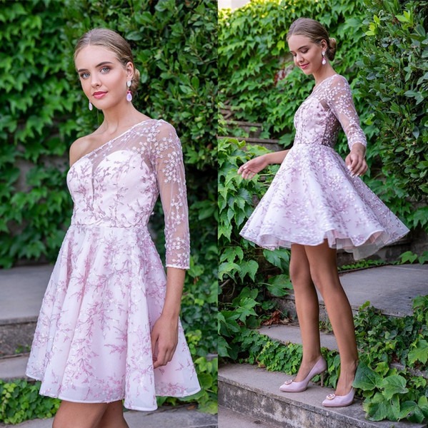 Beautiful Lilac Lace Flora Homecoming Dresses Sheer One Shoulder Long Sleeve Mini Short Cocktail Dress Mother Dress Formal