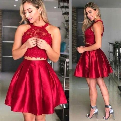 Hot Sell Burgundy Two Pieces Homecoming Dresses A Line Halter Neck Appliques Top Knee Length Sweet 15 Graduation Cocktail Gowns BA9965