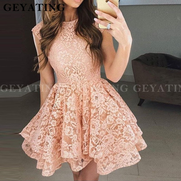 Blush Pink Lace Puffy Short Homecoming Dresses A Line Burgundy Graduation Dress Tiered Red Mini Dress for special occasion Prom Gowns