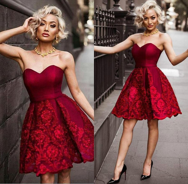 Burgundy Short Lace A-Line Homecoming Dress Sweetheart Arabic Applique Mini Cocktial Prom Gowns Formal Party Club Wear For Women BC2790