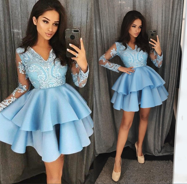 Light Blue V Neck Lace A Line Homecoming Dresses Long Illusion Sleeves Applique Tiered Layers Short Party Cocktail Prom Dresses BM1649