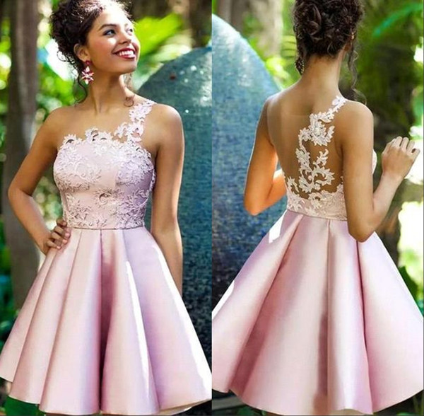 Pink A Line Homecoming Dresses Sheer Neck Lace Appliques Illusion Back Girls Short Party Dress Prom Gown BC2038