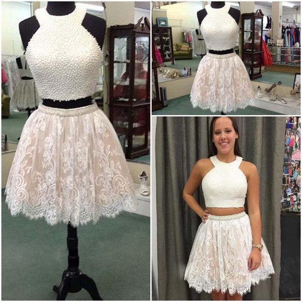 Pearl Beaded Top Ivory Lace Homecoming Dresses Two Pieces Cocktail Dresses Plus size Grade 8 graduation Gowns