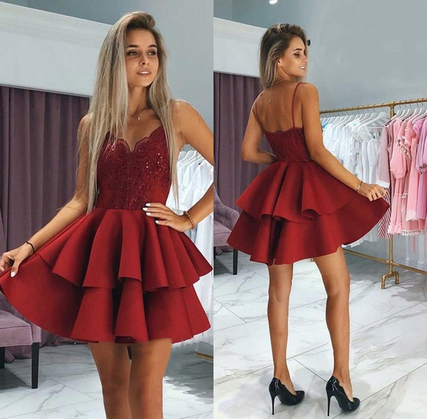 Burgundy Homecoming Dresses Girls Formal Party Wear Tiered Spaghetti Beaded Lace Appliques Cocktail Dresses Short Evening Gown BC0002