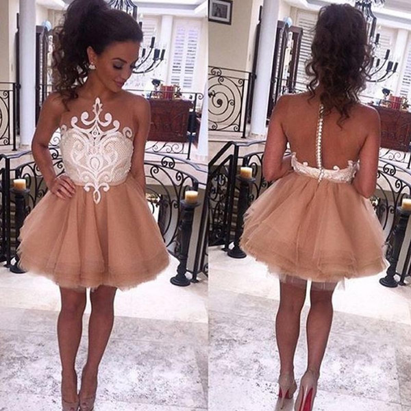 New Arrival Champagne Homecoming Dresses Scoop Appliques Tulle A-Line Lace Hollow Back Gowns For Graduation Girls Gowns